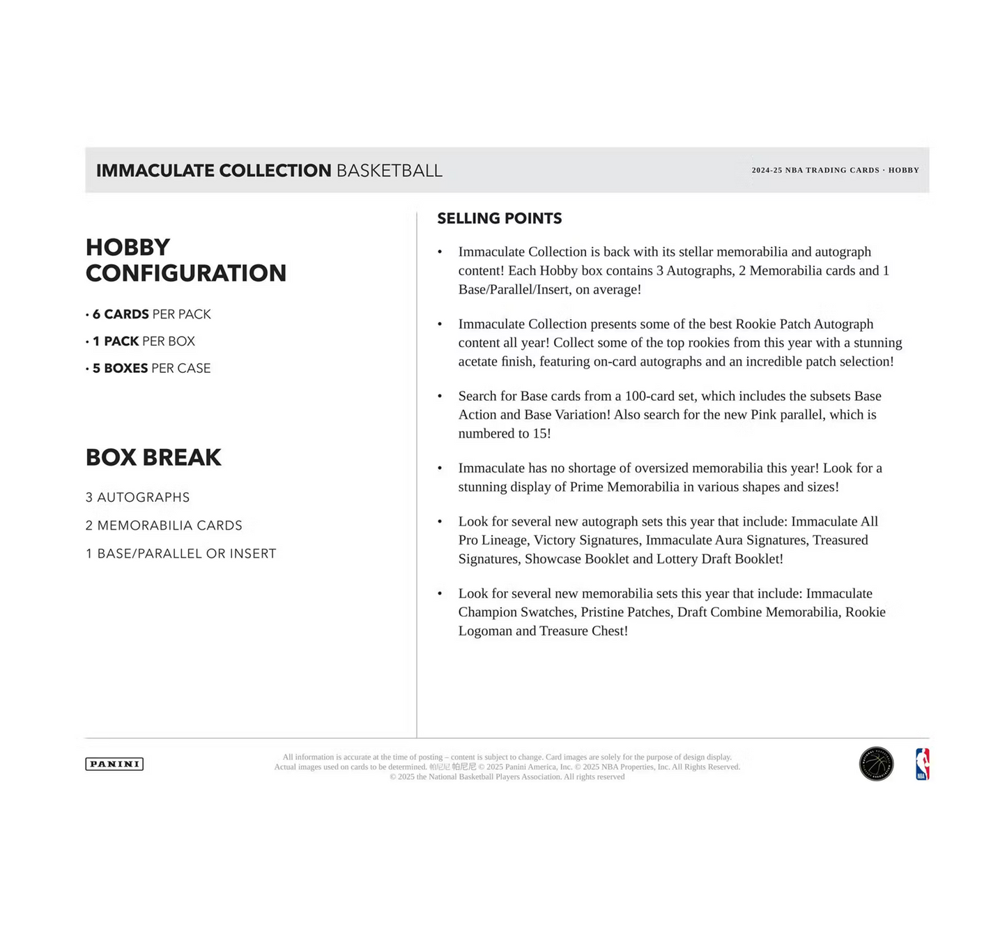 2024-25 Panini Immaculate Basketball Hobby 5-Box Case