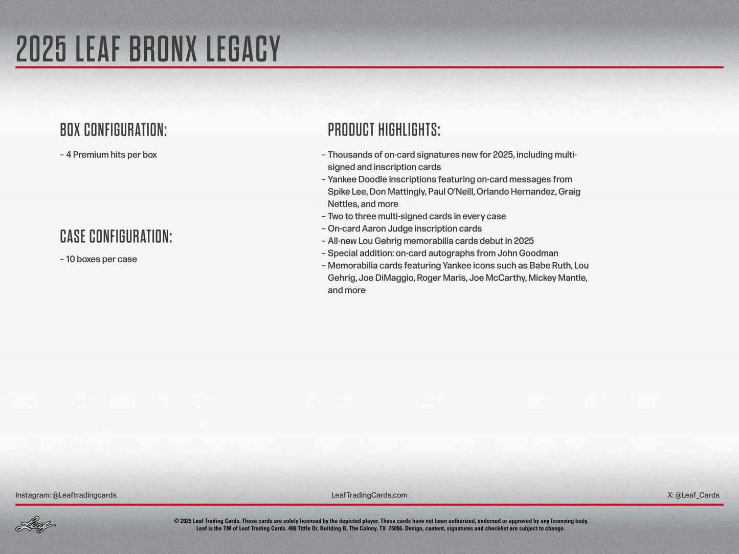 2025 Leaf Bronx Legacy Baseball Hobby Box (Presell)
