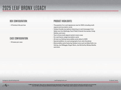 2025 Leaf Bronx Legacy Baseball Hobby 10-Box Case (Presell)