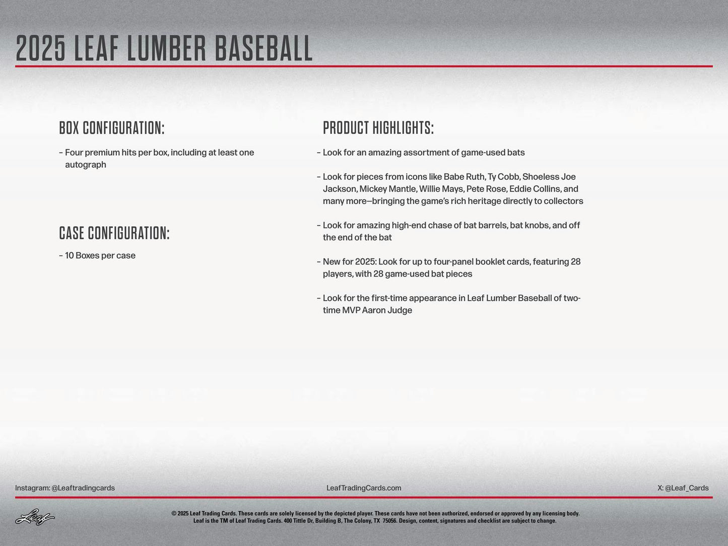2025 Leaf Lumber Baseball Hobby 10-Box Case (Presell)