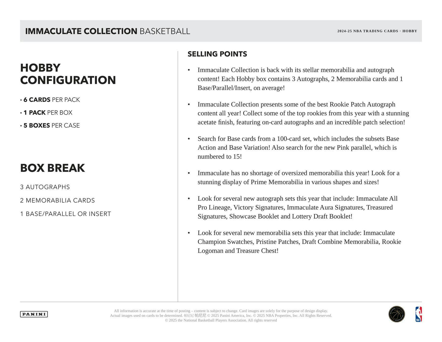 2024/25 Panini Immaculate Basketball Hobby 5-Box Case (Presell)